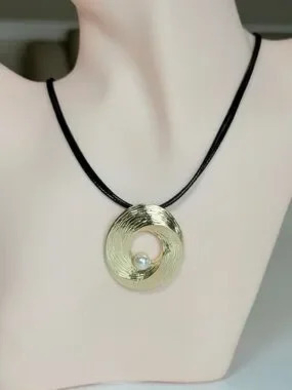 Gold Circular Pendant Necklace with Pearl on Black Cord